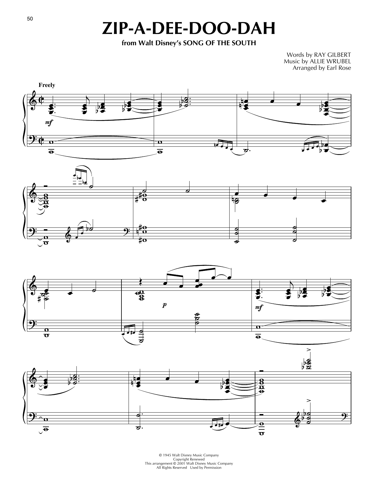 Ray Gilbert Zip-A-Dee-Doo-Dah (from Song Of The South) (arr. Earl Rose) Sheet Music Notes & Chords for Piano Solo - Download or Print PDF