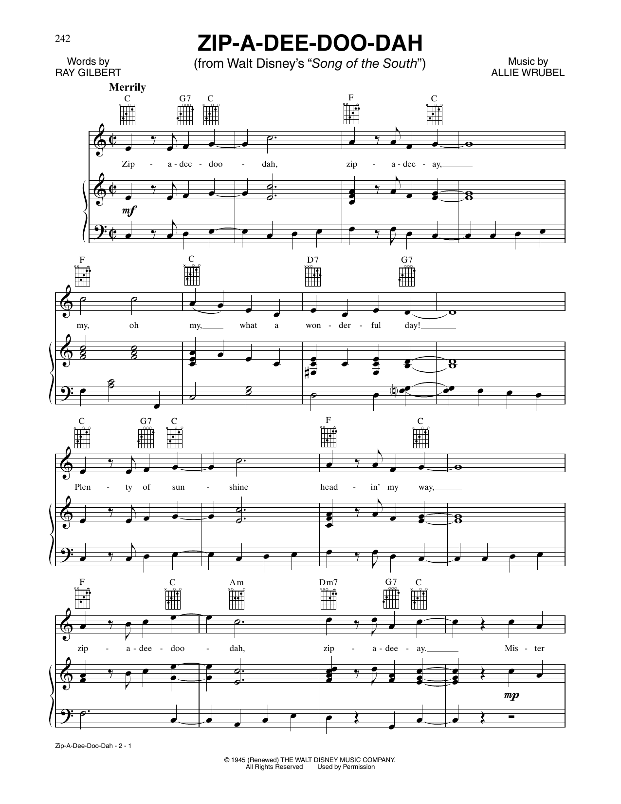 Ray Gilbert Zip-A-Dee-Doo-Dah Sheet Music Notes & Chords for Piano, Vocal & Guitar Chords (Right-Hand Melody) - Download or Print PDF