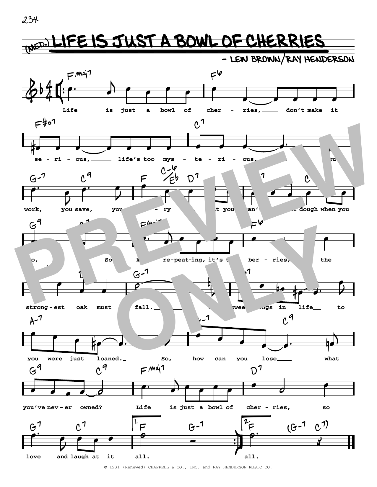 Ray Henderson and Lew Brown Life Is Just A Bowl Of Cherries (High Voice) (from George White's Scandals) Sheet Music Notes & Chords for Real Book – Melody, Lyrics & Chords - Download or Print PDF