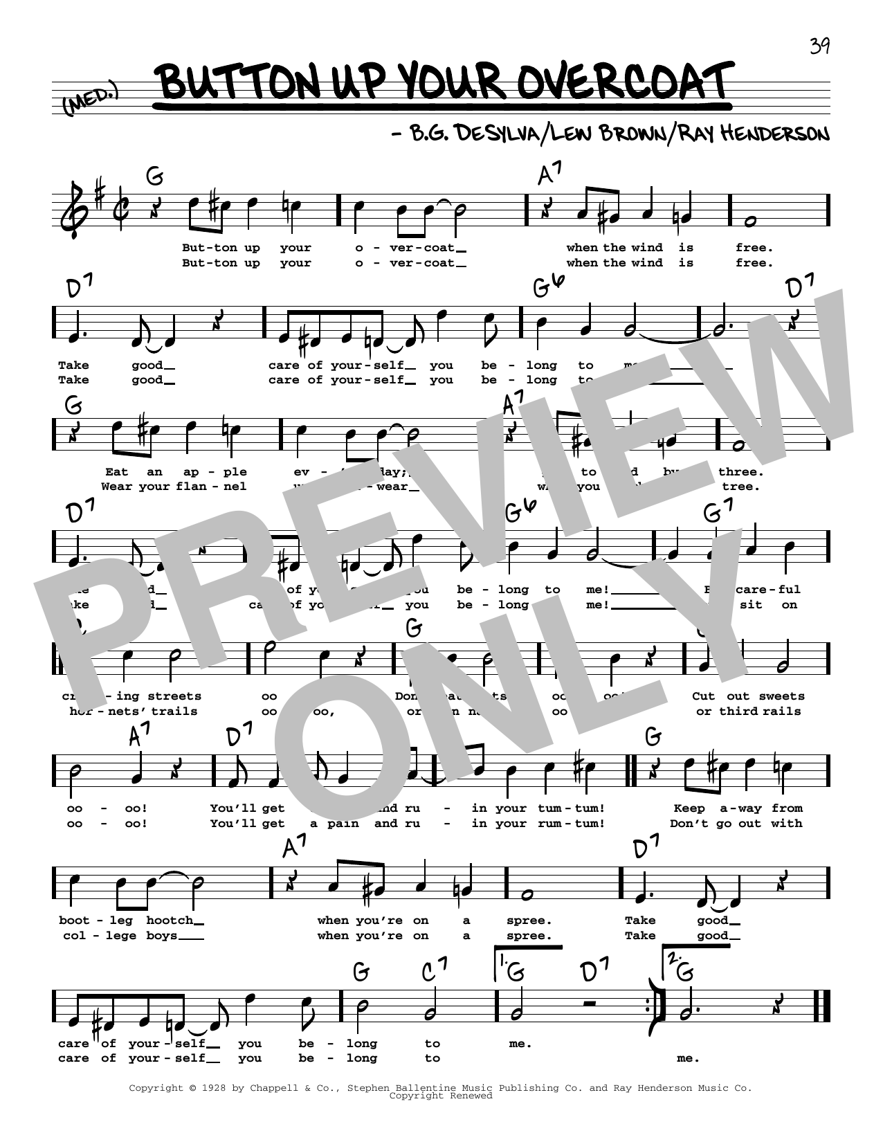 Ray Henderson Button Up Your Overcoat (High Voice) (from Follow Thru) Sheet Music Notes & Chords for Real Book – Melody, Lyrics & Chords - Download or Print PDF