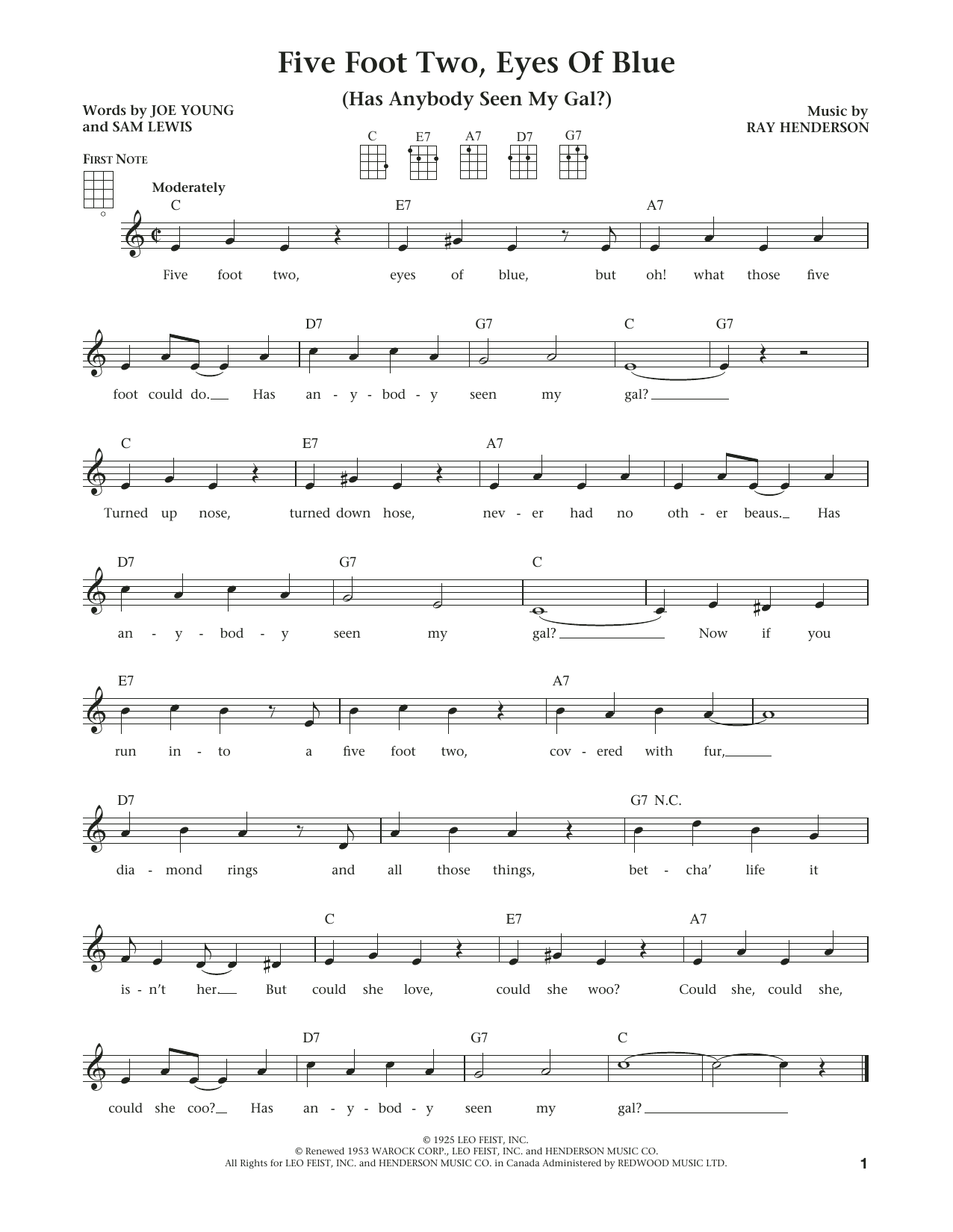 Ray Henderson Five Foot Two, Eyes Of Blue (Has Anybody Seen My Girl?) (The Daily Ukulele) (arr Liz and Jim Beloff) Sheet Music Notes & Chords for Ukulele - Download or Print PDF