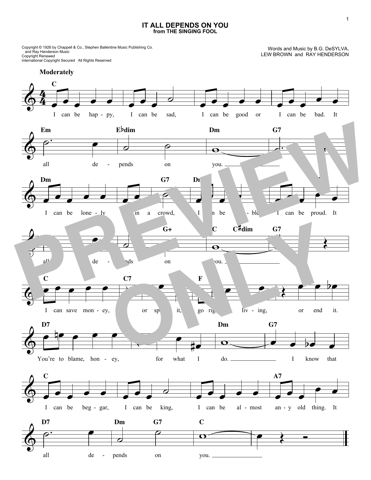 Ray Henderson It All Depends On You Sheet Music Notes & Chords for Melody Line, Lyrics & Chords - Download or Print PDF