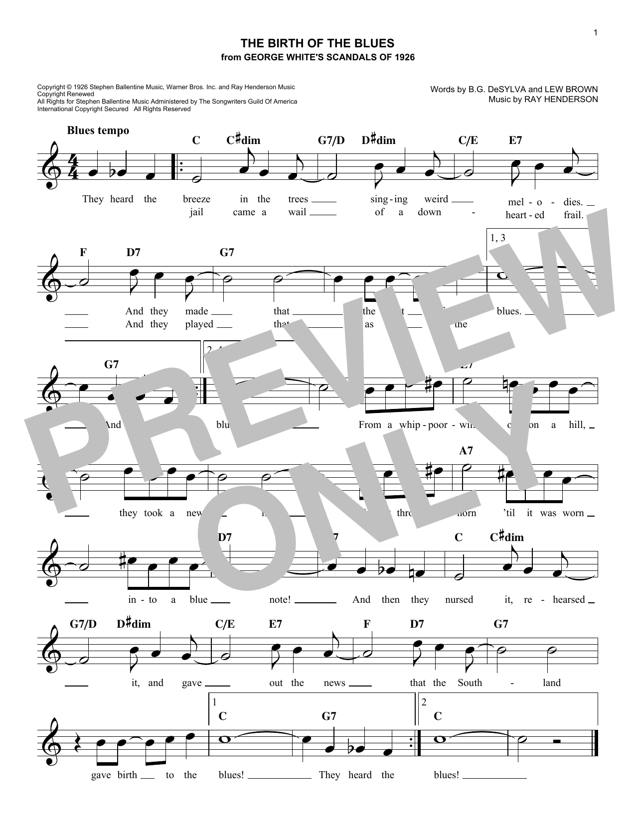 Ray Henderson The Birth Of The Blues Sheet Music Notes & Chords for Melody Line, Lyrics & Chords - Download or Print PDF