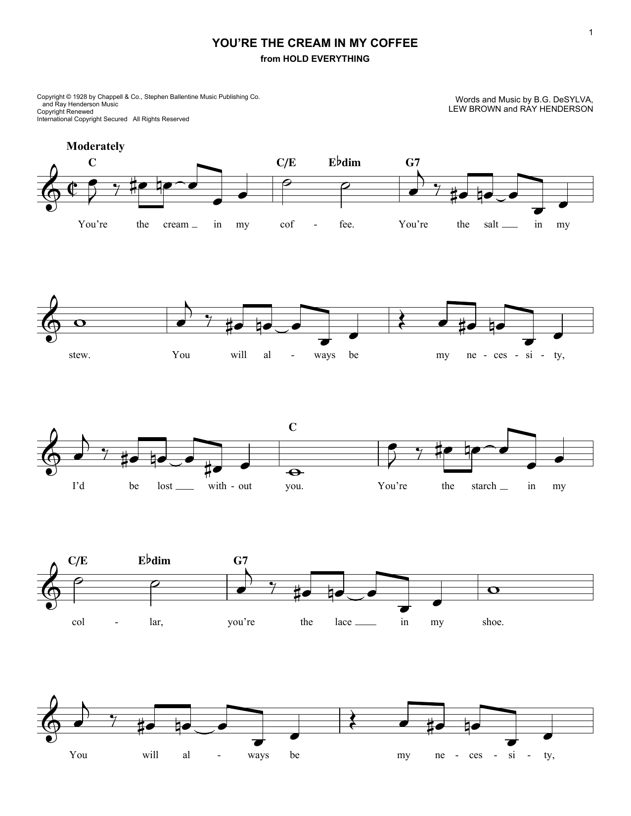 Ray Henderson You're The Cream In My Coffee Sheet Music Notes & Chords for Melody Line, Lyrics & Chords - Download or Print PDF