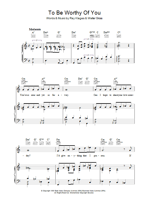 Ray Klages To Be Worthy Of You Sheet Music Notes & Chords for Piano, Vocal & Guitar (Right-Hand Melody) - Download or Print PDF