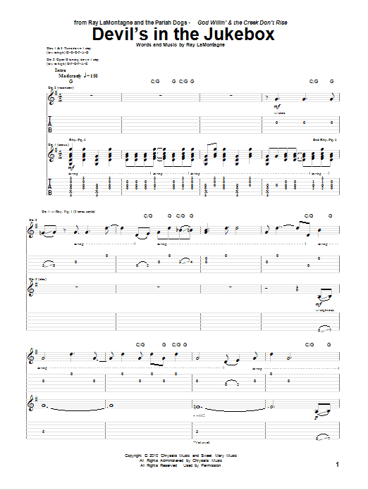 Ray LaMontagne and The Pariah Dogs Devil's In The Jukebox Sheet Music Notes & Chords for Guitar Tab - Download or Print PDF