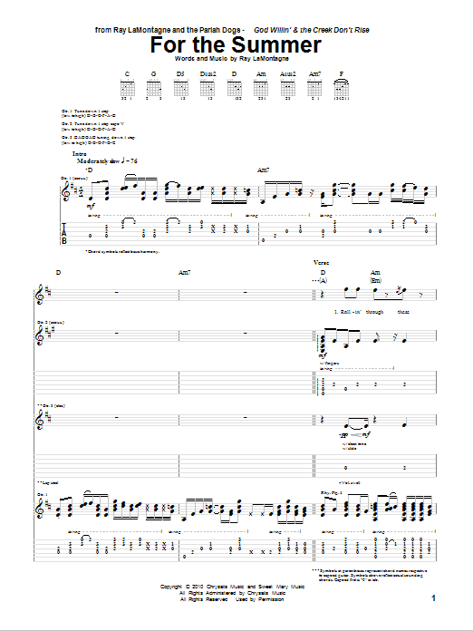 Ray LaMontagne and The Pariah Dogs For The Summer Sheet Music Notes & Chords for Guitar Tab - Download or Print PDF
