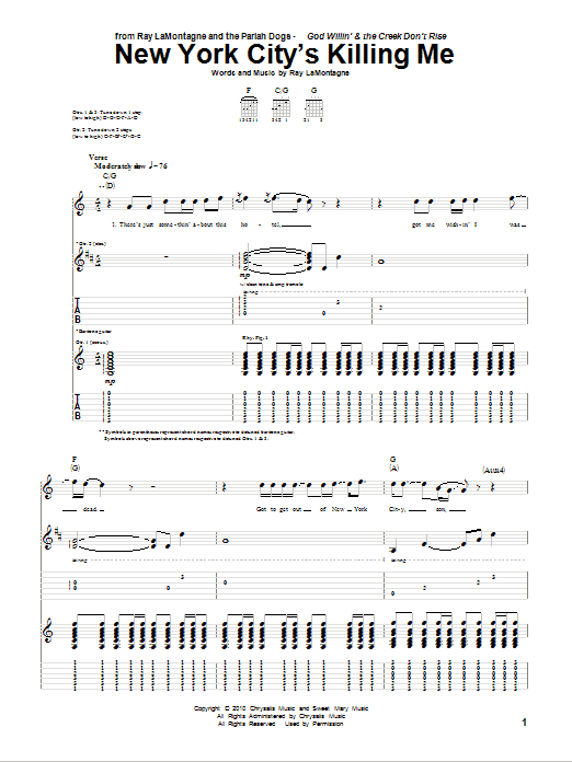 Ray LaMontagne and The Pariah Dogs New York City's Killing Me Sheet Music Notes & Chords for Guitar Tab - Download or Print PDF