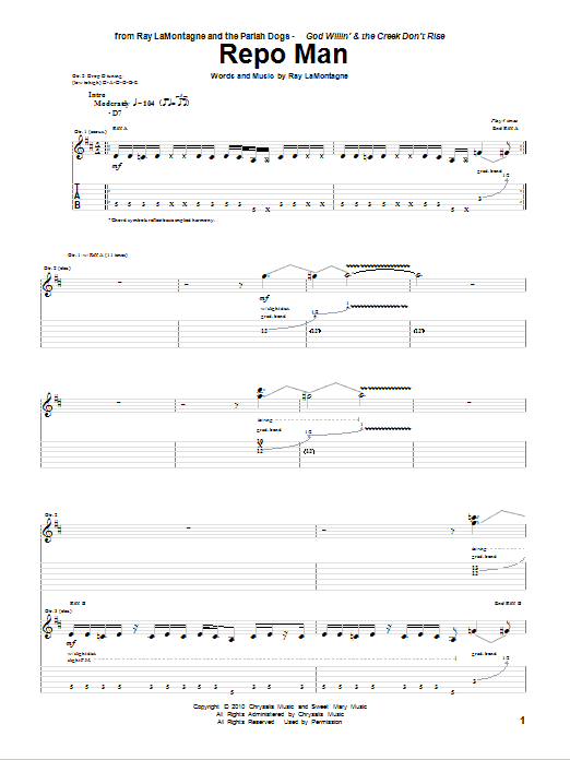 Ray LaMontagne and The Pariah Dogs Repo Man Sheet Music Notes & Chords for Guitar Tab - Download or Print PDF