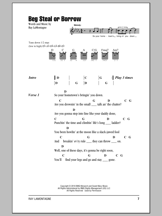 Ray LaMontagne Beg Steal Or Borrow Sheet Music Notes & Chords for Lyrics & Chords - Download or Print PDF