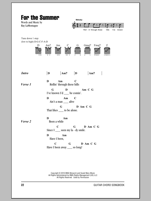 Ray LaMontagne For The Summer Sheet Music Notes & Chords for Lyrics & Chords - Download or Print PDF