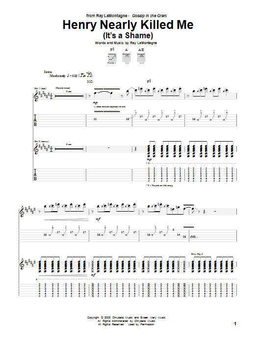 Ray LaMontagne Henry Nearly Killed Me (It's A Shame) Sheet Music Notes & Chords for Guitar Tab - Download or Print PDF