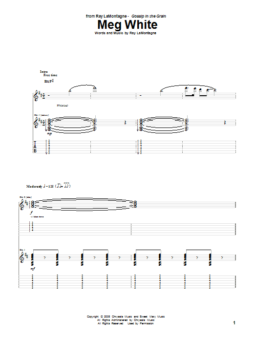 Ray LaMontagne Meg White Sheet Music Notes & Chords for Guitar Tab - Download or Print PDF