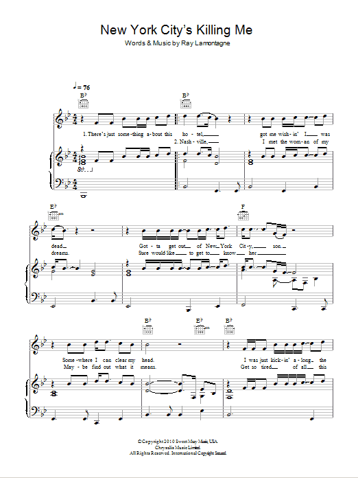 Ray LaMontagne New York City's Killing Me Sheet Music Notes & Chords for Piano, Vocal & Guitar (Right-Hand Melody) - Download or Print PDF Ray LaMontagne New York City's Killing Me Sheet Music Notes & Chords for Piano, Vocal & Guitar (Right-Hand Melody) - Download or Print PDF