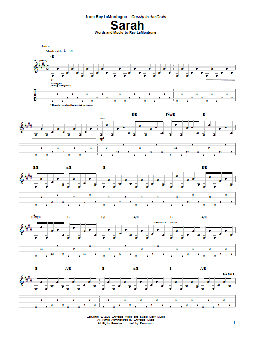 Ray LaMontagne Sarah Sheet Music Notes & Chords for Guitar Tab - Download or Print PDF Ray LaMontagne Sarah Sheet Music Notes & Chords for Guitar Tab - Download or Print PDF