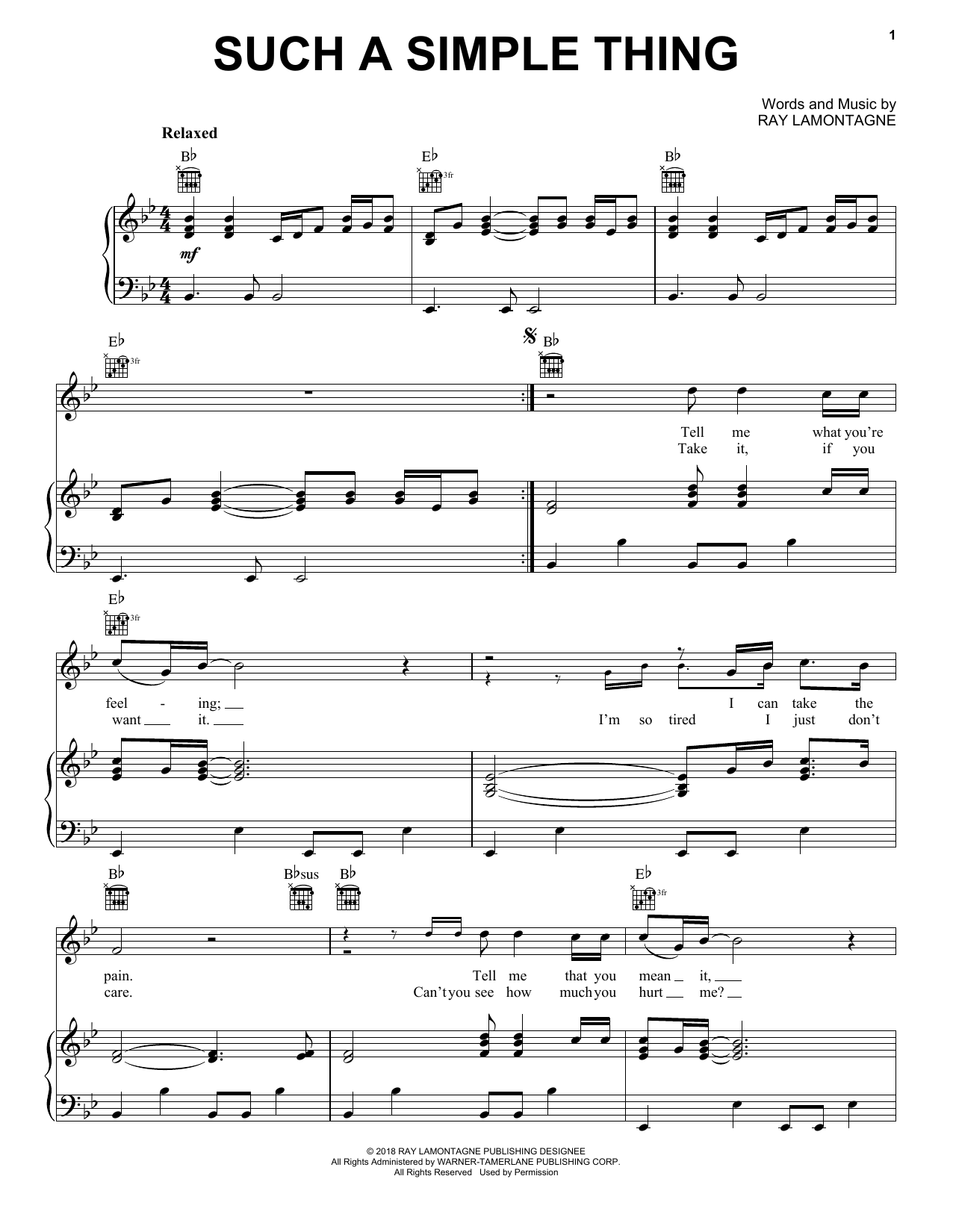 Ray LaMontagne Such A Simple Thing Sheet Music Notes & Chords for Piano, Vocal & Guitar (Right-Hand Melody) - Download or Print PDF