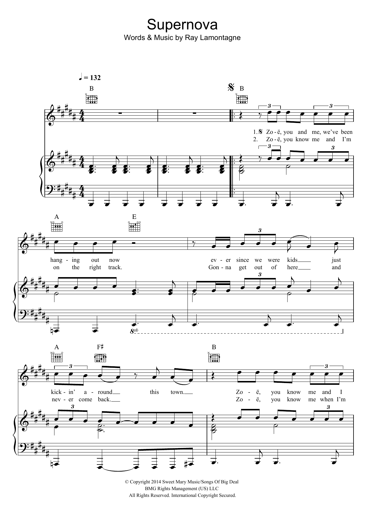 Ray LaMontagne Supernova Sheet Music Notes & Chords for Piano, Vocal & Guitar (Right-Hand Melody) - Download or Print PDF