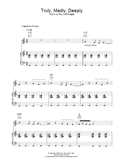 Ray LaMontagne Truly, Madly, Deeply Sheet Music Notes & Chords for Piano, Vocal & Guitar (Right-Hand Melody) - Download or Print PDF Ray LaMontagne Truly, Madly, Deeply Sheet Music Notes & Chords for Piano, Vocal & Guitar (Right-Hand Melody) - Download or Print PDF