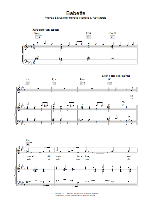 Horatio Nicholls Babette Sheet Music Notes & Chords for Piano, Vocal & Guitar - Download or Print PDF