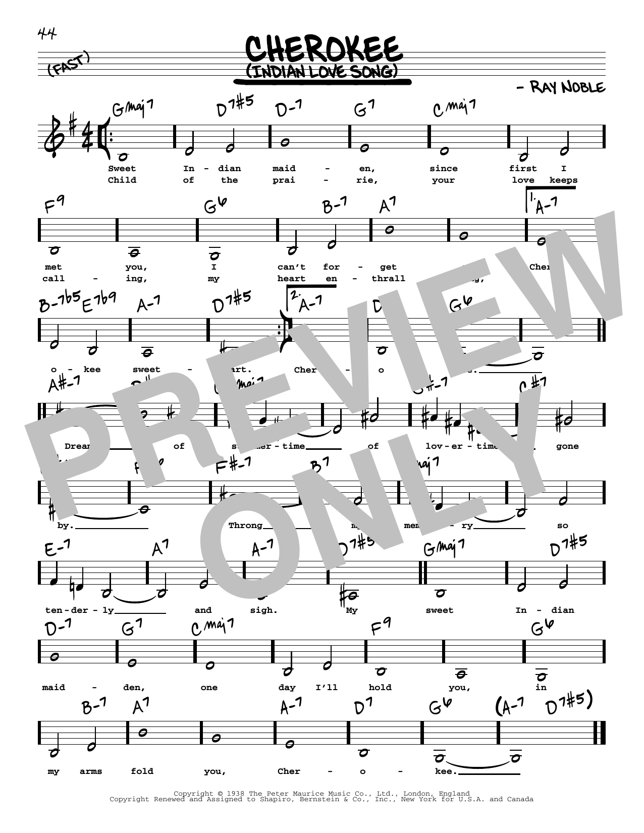 Ray Noble And His Orchestra Cherokee (Indian Love Song) (Low Voice) Sheet Music Notes & Chords for Real Book – Melody, Lyrics & Chords - Download or Print PDF