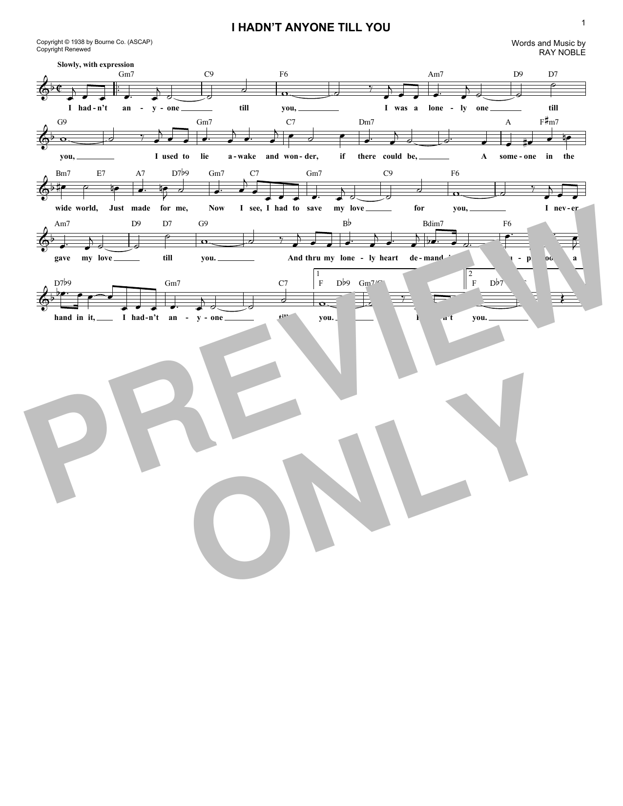 Ray Noble I Hadn't Anyone Till You Sheet Music Notes & Chords for Melody Line, Lyrics & Chords - Download or Print PDF