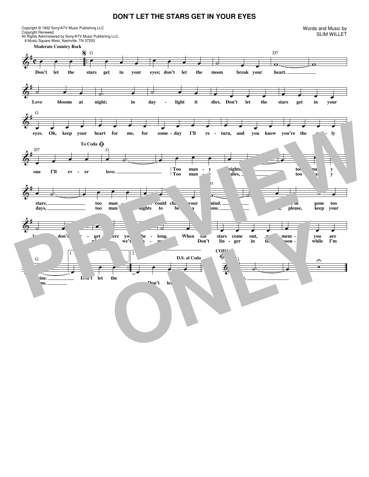 Ray Price Don't Let The Stars Get In Your Eyes Sheet Music Notes & Chords for Melody Line, Lyrics & Chords - Download or Print PDF