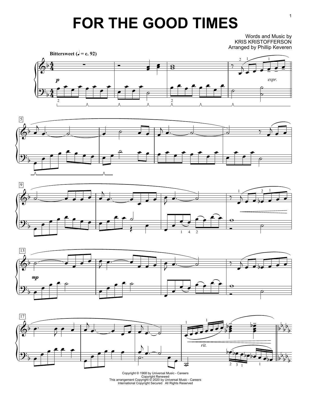 Ray Price For The Good Times [Classical version] (arr. Phillip Keveren) Sheet Music Notes & Chords for Piano Solo - Download or Print PDF