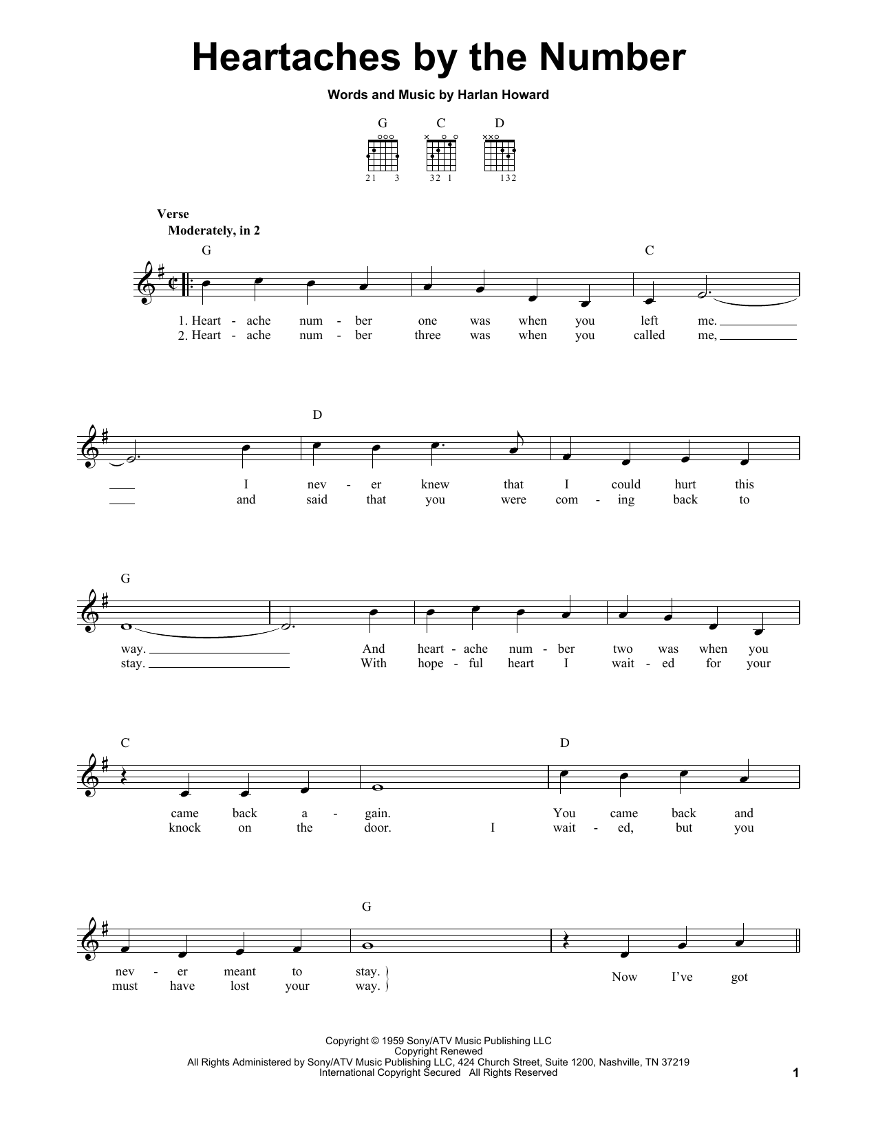 Ray Price Heartaches By The Number Sheet Music Notes & Chords for Easy Guitar - Download or Print PDF