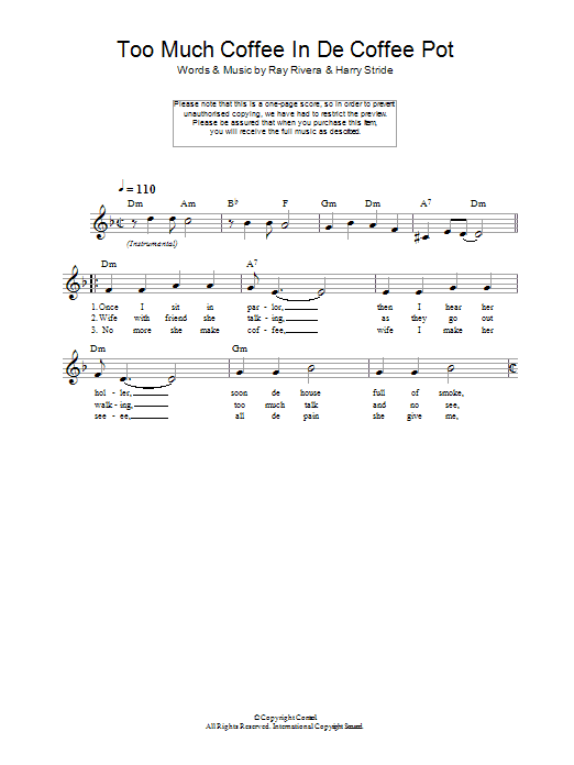 Ray Rivera Too Much Coffee In De Coffee Pot Sheet Music Notes & Chords for Melody Line, Lyrics & Chords - Download or Print PDF