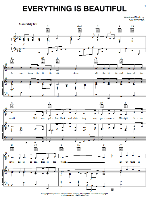Ray Stevens Everything Is Beautiful Sheet Music Notes & Chords for Piano, Vocal & Guitar (Right-Hand Melody) - Download or Print PDF Ray Stevens Everything Is Beautiful Sheet Music Notes & Chords for Piano, Vocal & Guitar (Right-Hand Melody) - Download or Print PDF