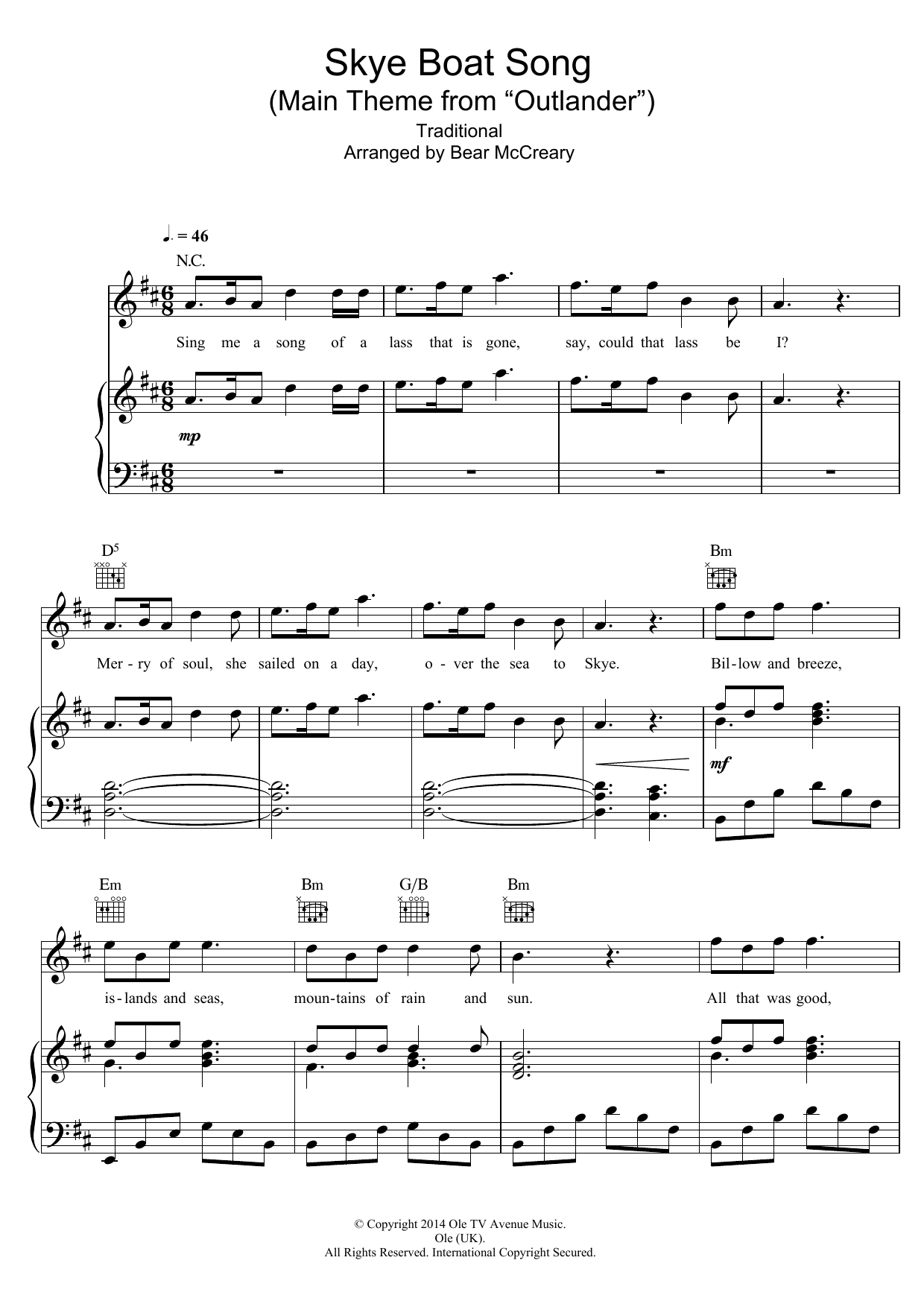 Raya Yarbrough Skye Boat Song (Main Theme from Outlander) Sheet Music Notes & Chords for Piano, Vocal & Guitar (Right-Hand Melody) - Download or Print PDF