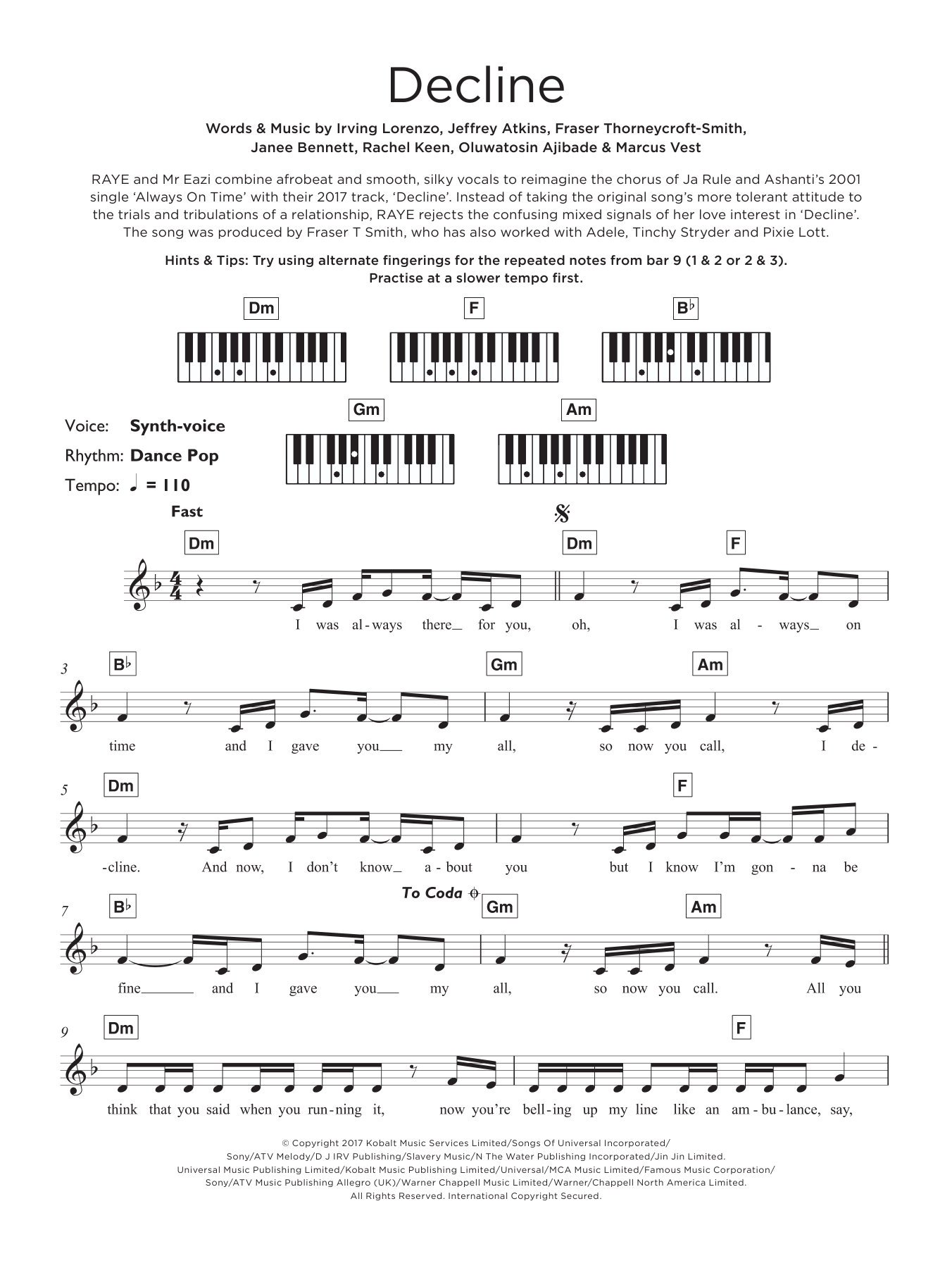 RAYE Decline Sheet Music Notes & Chords for Beginner Piano - Download or Print PDF