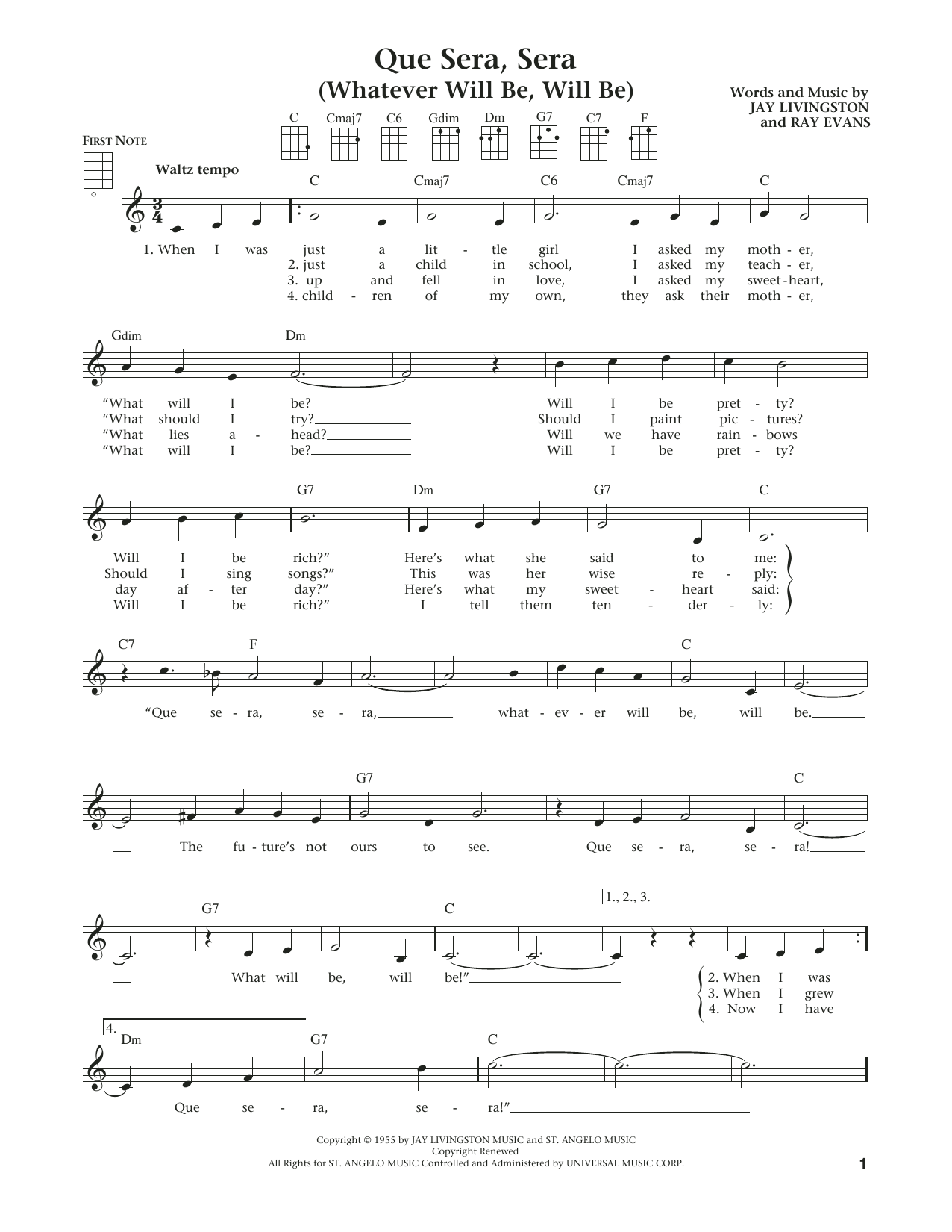 Raymond B. Evans Que Sera, Sera (Whatever Will Be, Will Be) (from The Daily Ukulele) (arr. Liz and Jim Beloff) Sheet Music Notes & Chords for Ukulele - Download or Print PDF