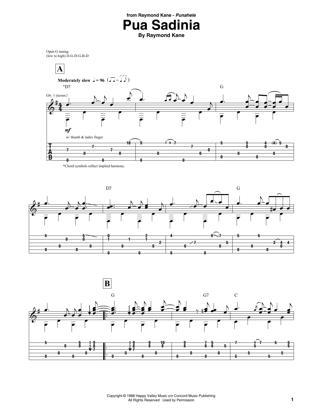 Raymond Kane Pua Sadinia Sheet Music Notes & Chords for Solo Guitar Tab - Download or Print PDF