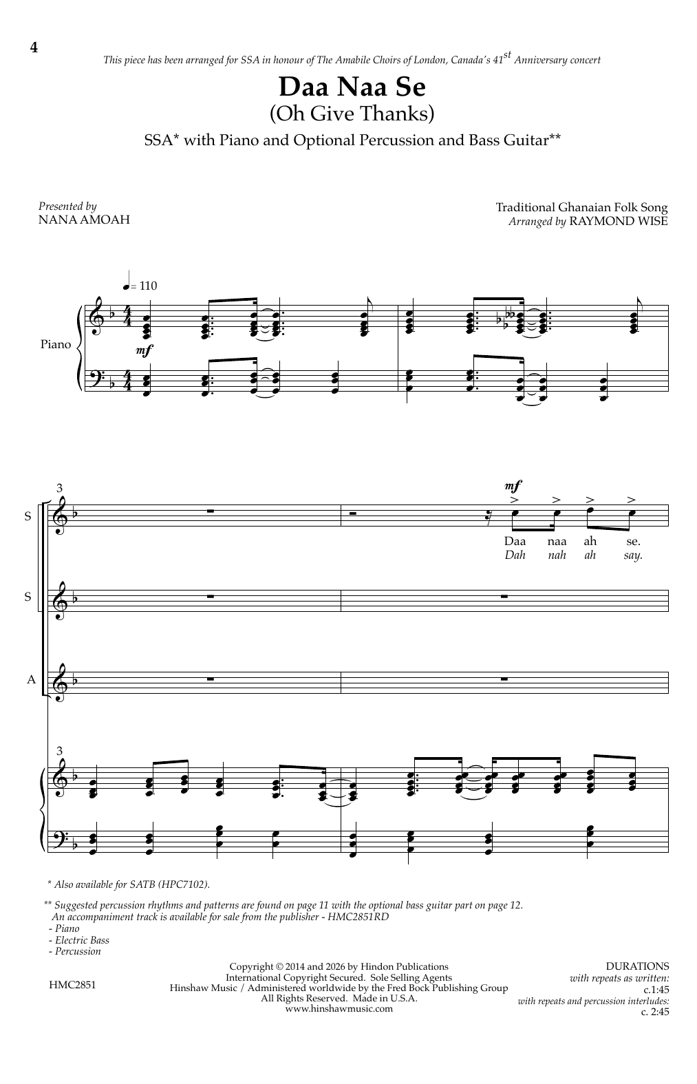 Raymond Wise Daa Naa Se Sheet Music Notes & Chords for SSA Choir - Download or Print PDF