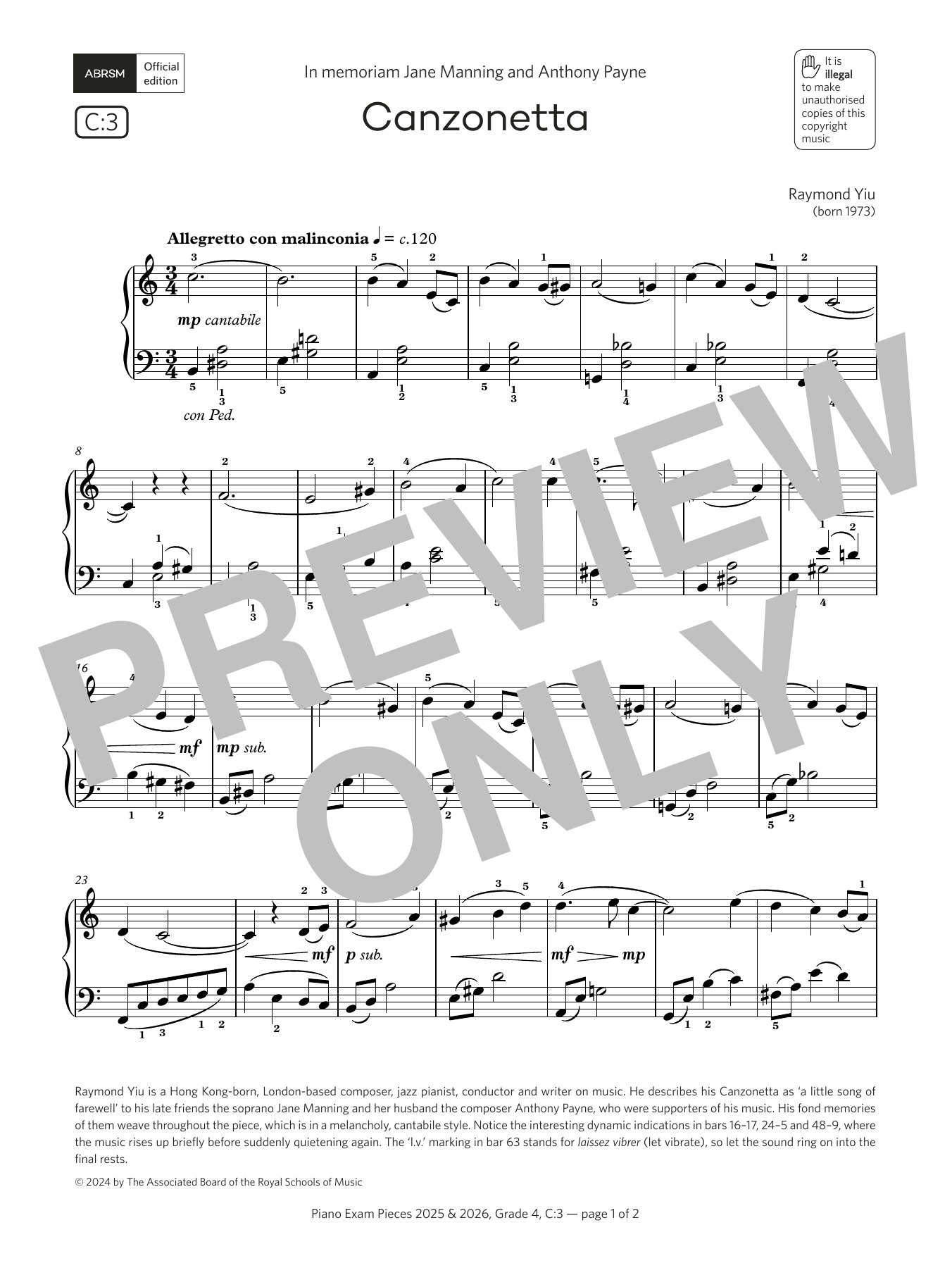 Raymond Yiu Canzonetta (Grade 4, list C3, from the ABRSM Piano Syllabus 2025 & 2026) Sheet Music Notes & Chords for Piano Solo - Download or Print PDF