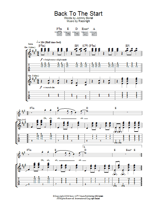 Razorlight Back To The Start Sheet Music Notes & Chords for Guitar Tab - Download or Print PDF