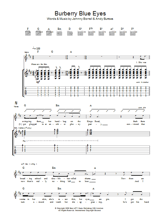 Razorlight Burberry Blue Eyes Sheet Music Notes & Chords for Guitar Tab - Download or Print PDF