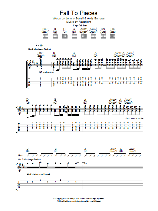 Razorlight Fall To Pieces Sheet Music Notes & Chords for Guitar Tab - Download or Print PDF