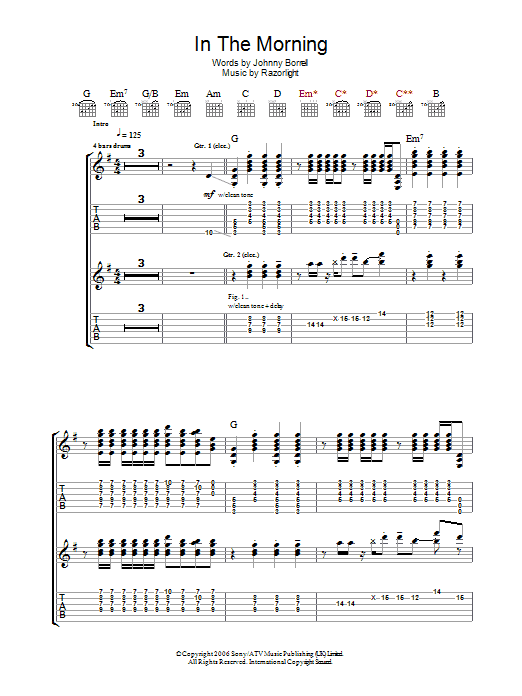 Razorlight In The Morning Sheet Music Notes & Chords for Guitar Tab - Download or Print PDF