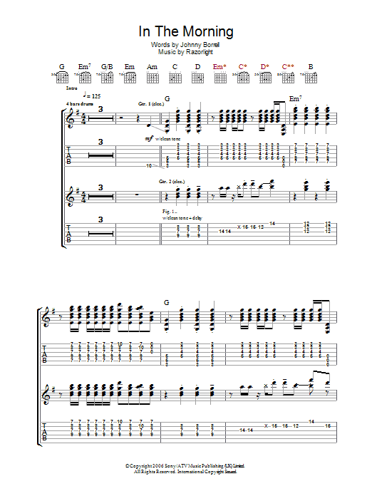 Razorlight In The Morning Sheet Music Notes & Chords for Lyrics & Chords - Download or Print PDF