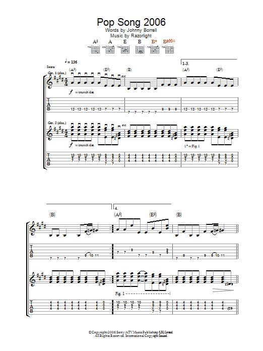 Razorlight Pop Song 2006 Sheet Music Notes & Chords for Guitar Tab - Download or Print PDF
