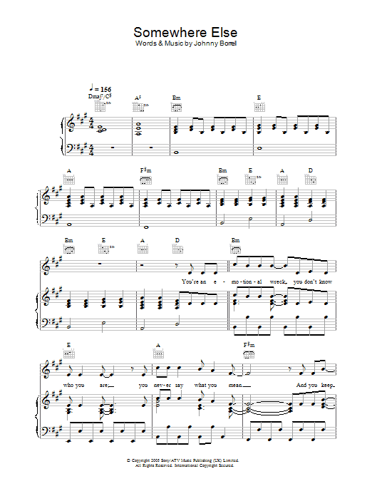 Razorlight Somewhere Else Sheet Music Notes & Chords for Piano, Vocal & Guitar (Right-Hand Melody) - Download or Print PDF