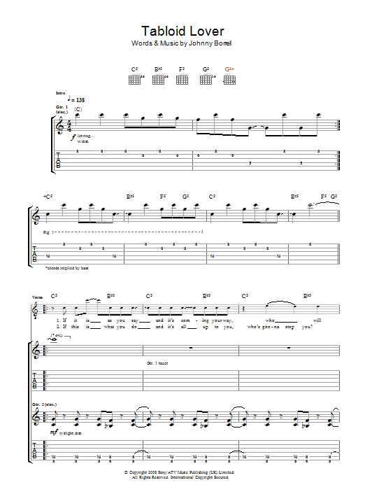 Razorlight Tabloid Lover Sheet Music Notes & Chords for Guitar Tab - Download or Print PDF
