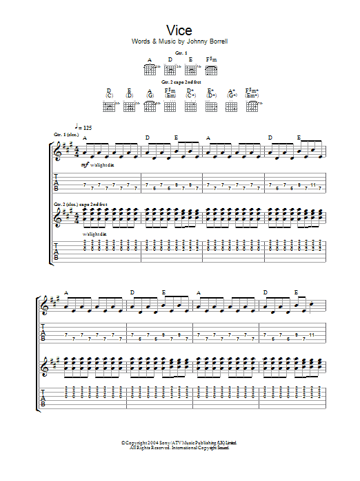 Razorlight Vice Sheet Music Notes & Chords for Guitar Tab - Download or Print PDF