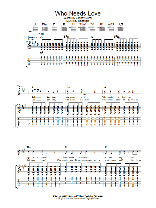 Razorlight Who Needs Love Sheet Music Notes & Chords for Guitar Tab - Download or Print PDF