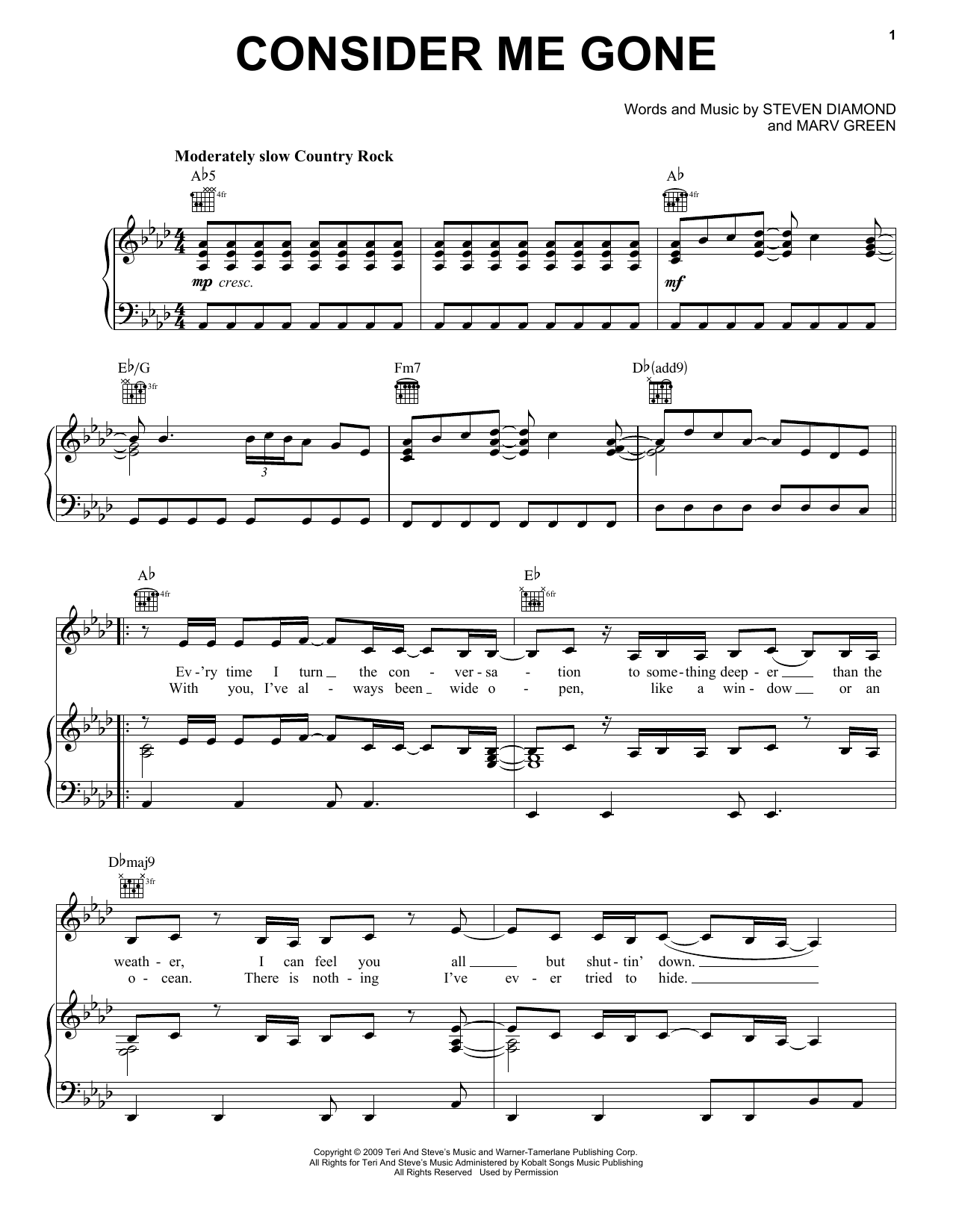 Reba McEntire Consider Me Gone Sheet Music Notes & Chords for Piano, Vocal & Guitar (Right-Hand Melody) - Download or Print PDF