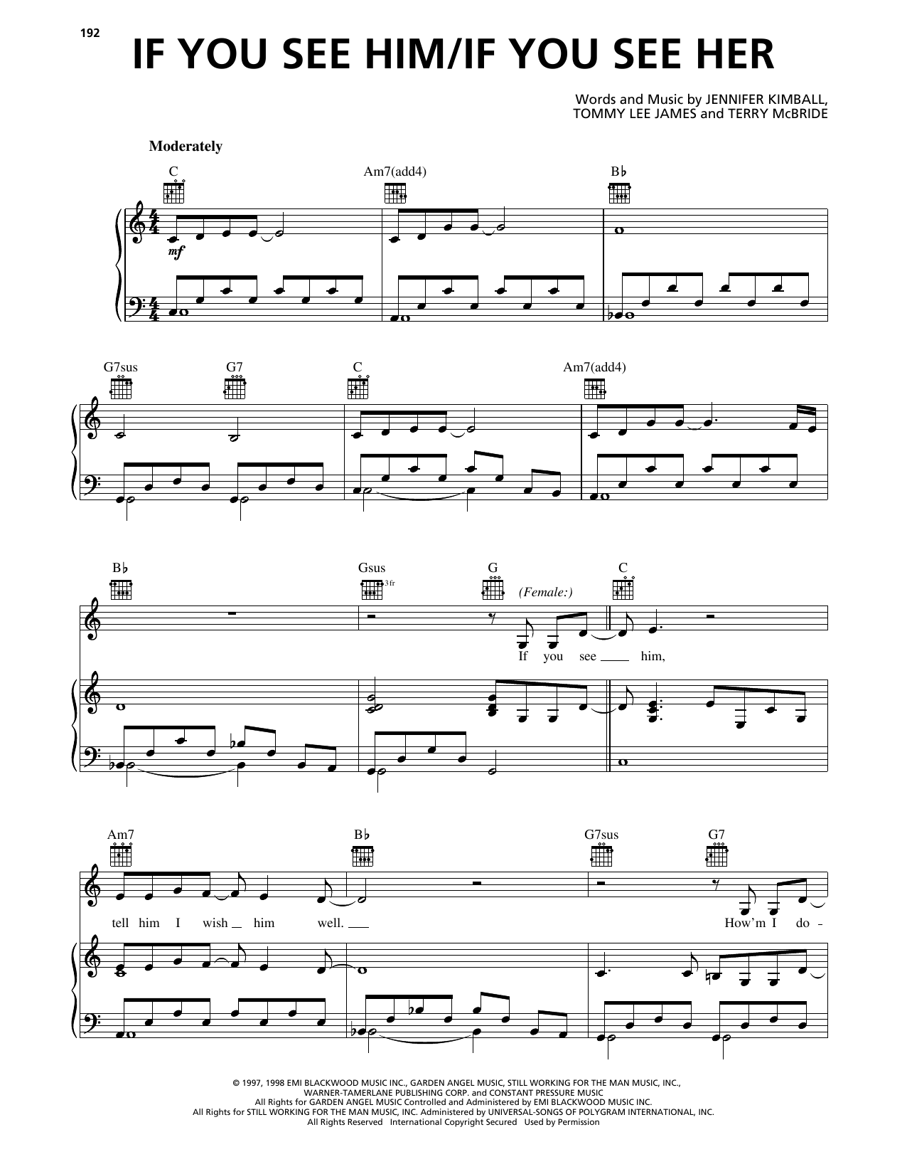 Reba McEntire If You See Him/If You See Her Sheet Music Notes & Chords for Piano, Vocal & Guitar Chords (Right-Hand Melody) - Download or Print PDF