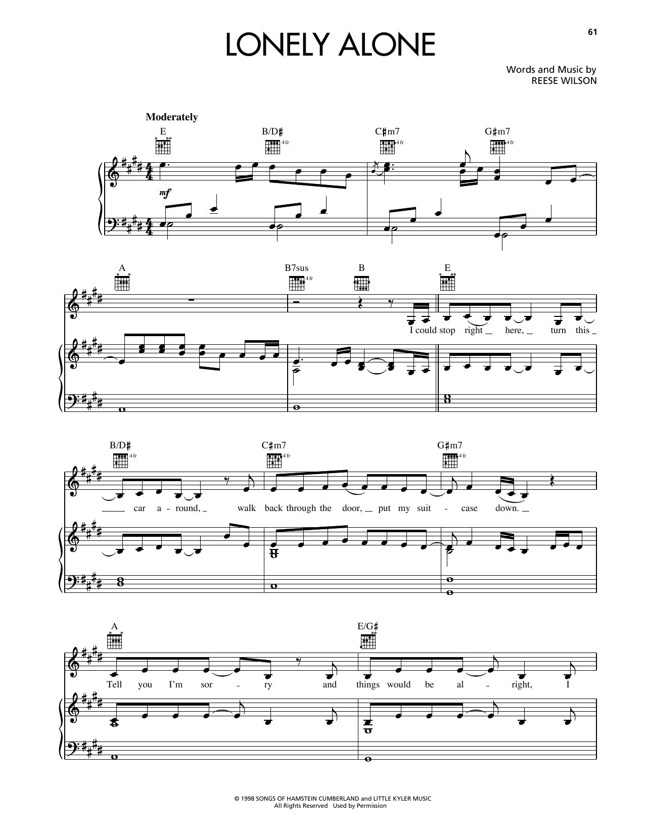 Reba McEntire Lonely Alone Sheet Music Notes & Chords for Piano, Vocal & Guitar Chords (Right-Hand Melody) - Download or Print PDF Reba McEntire Lonely Alone Sheet Music Notes & Chords for Piano, Vocal & Guitar Chords (Right-Hand Melody) - Download or Print PDF
