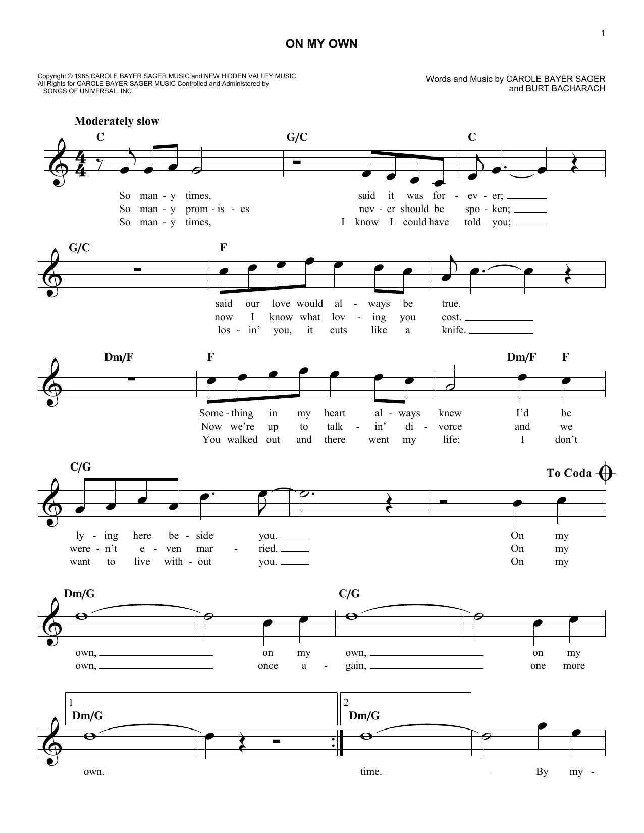 Reba McEntire On My Own Sheet Music Notes & Chords for Melody Line, Lyrics & Chords - Download or Print PDF